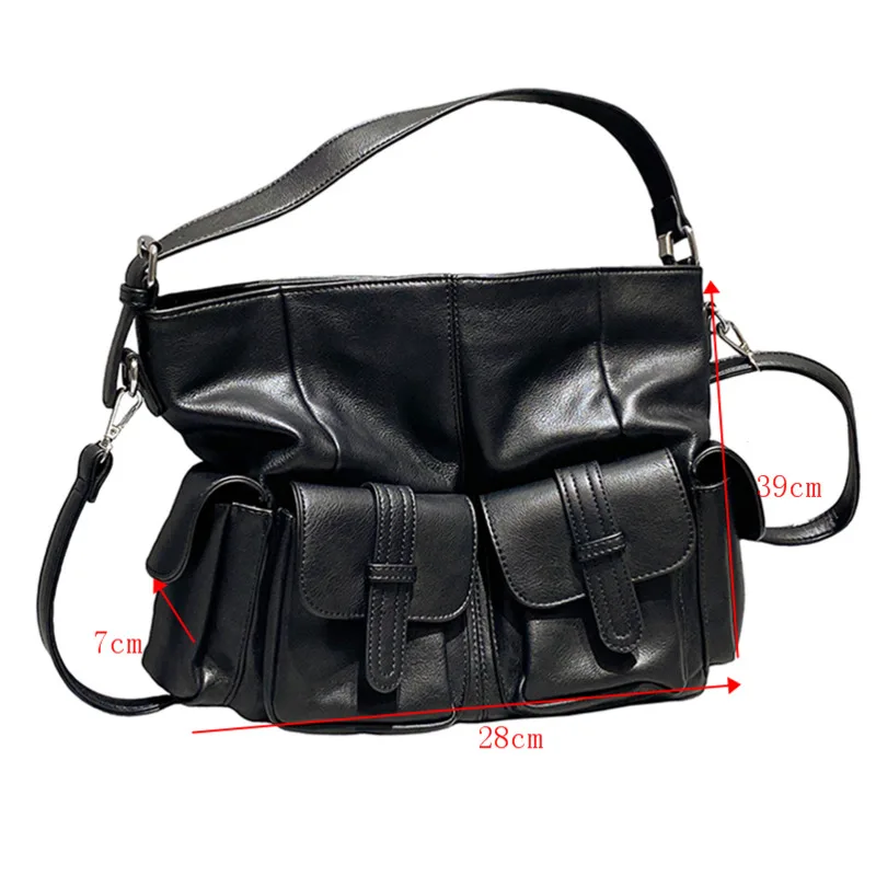 

[EAM] Women New Black Multiple Pockets PU Leather Zipper Personality All-match Crossbody Shoulder Bag Fashion Tide 2021 18A0328