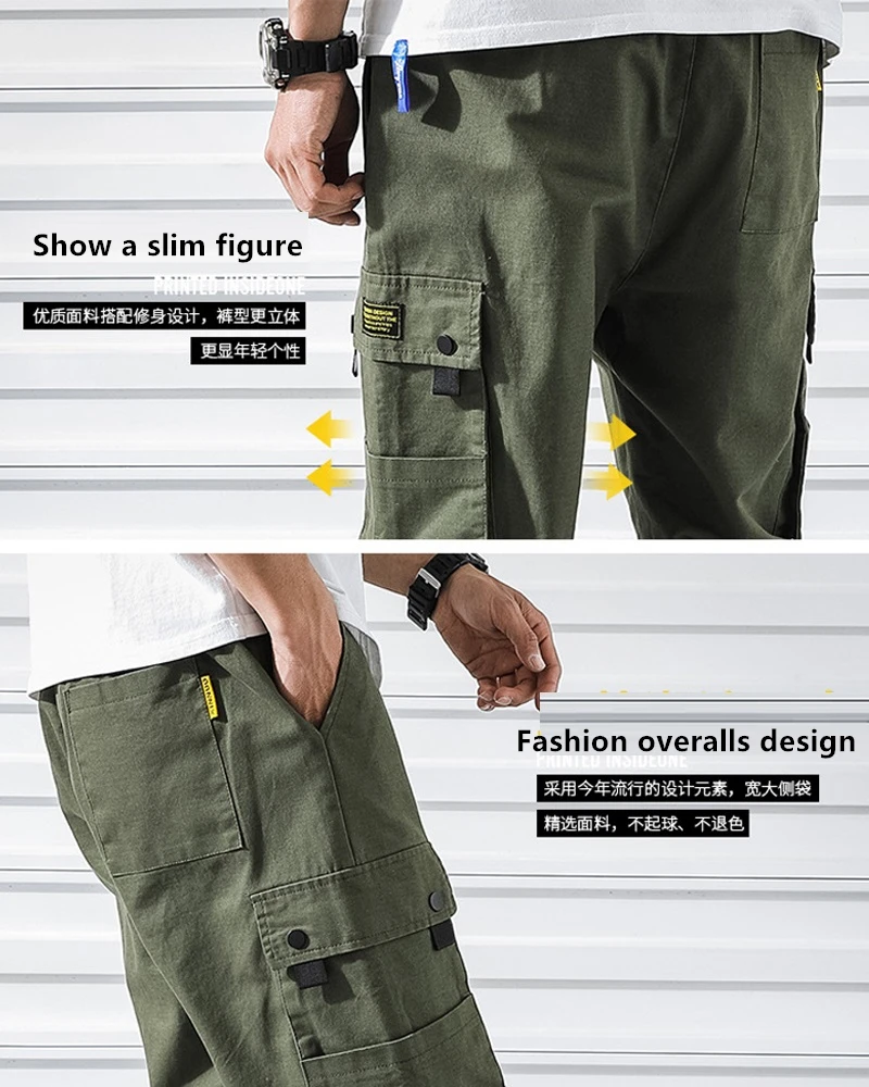 

New men's 2020 spring & autumn overalls solid color casual harem pants men's velcro multi pocket pants man's sports cargo pants