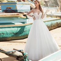 boho wedding dressvestidos elegant wedding dresses tulle illusion pearls appliques bateau full sleeve zipper ball bridal gowns