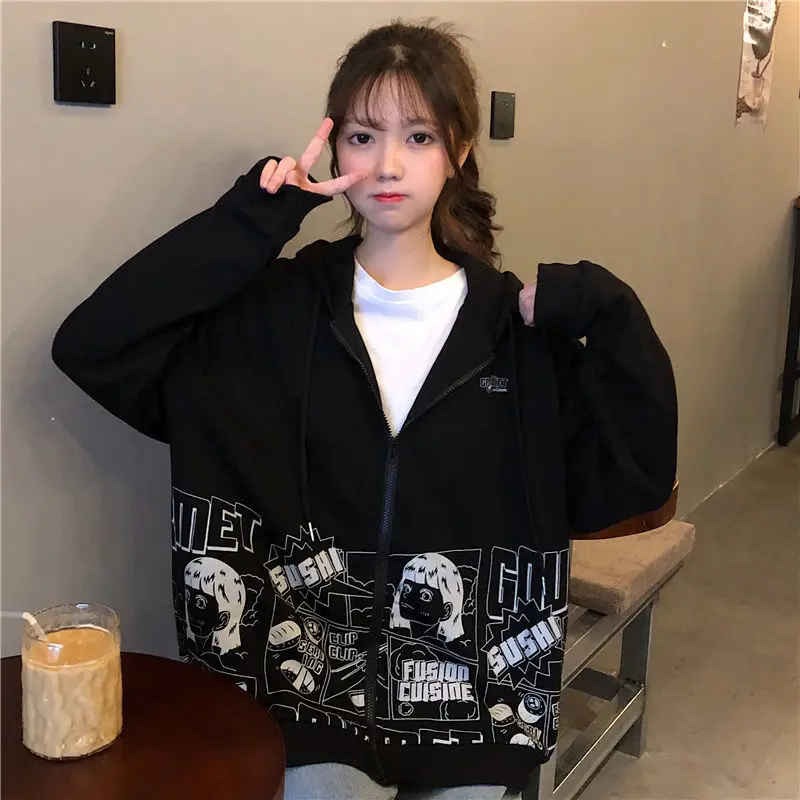 

Женская толстовка с капюшоном Y2K, в стиле Харадзюку, большого размера, с японским мультяшным рисунком, в стиле хип-хоп