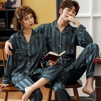 couples pajamas spring and autumn viscose fiber long sleeved men and women sexy cardigan simulation silk homewear set