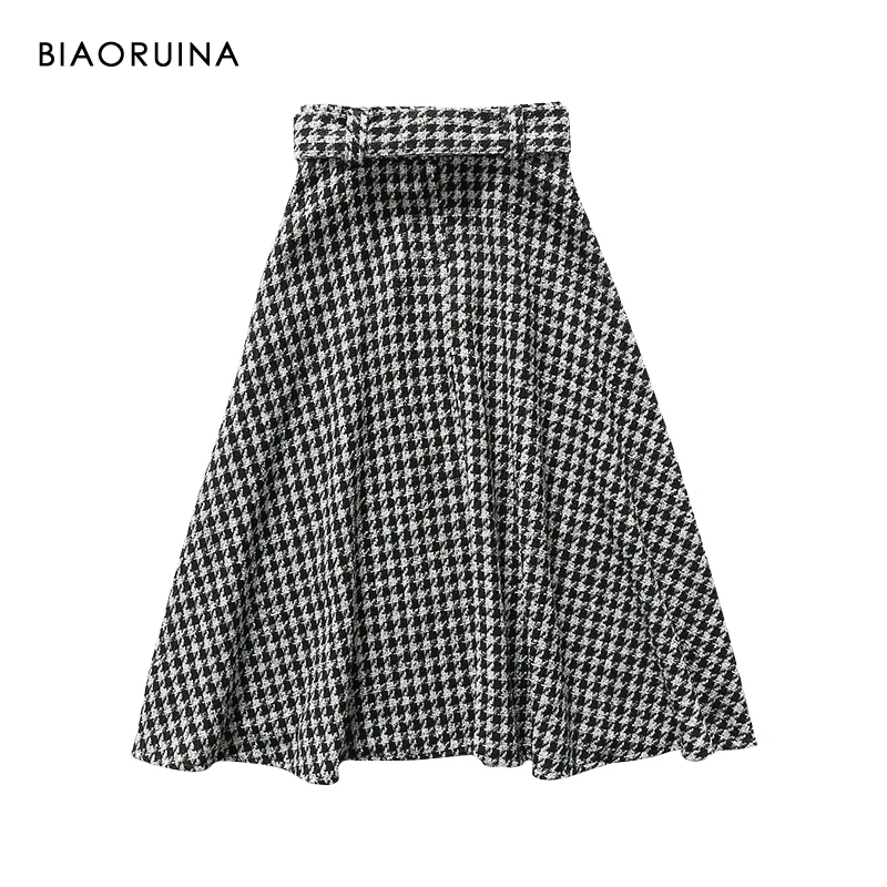 BIAORUINA, Женская клетчатая юбка с завышенной талией и поясом, женская модная уличная одежда трапециевидной формы, элегантные женские юбки