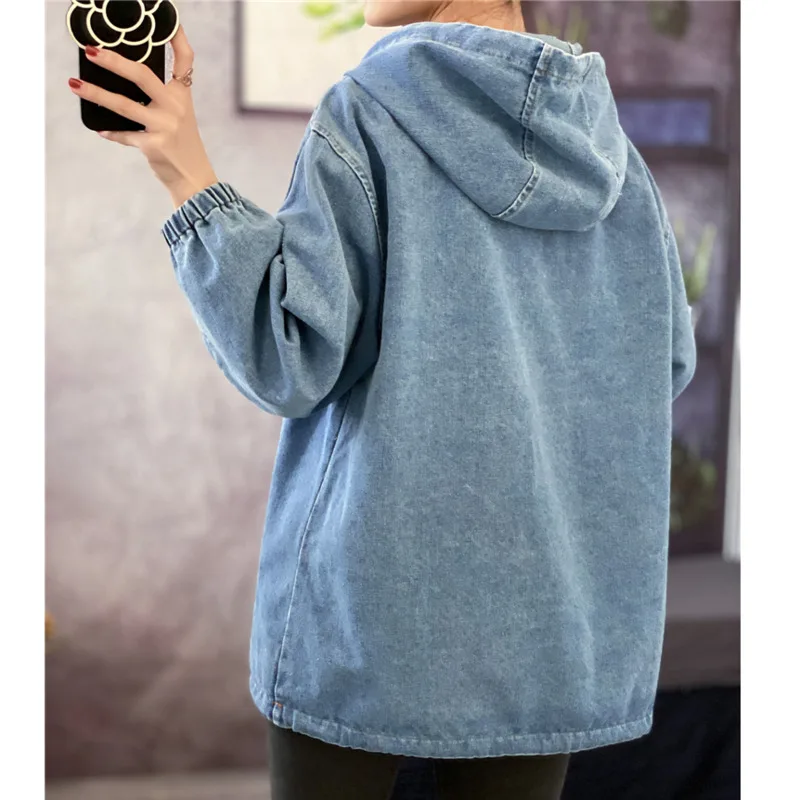 

Spring 2021 Women's Sweatshirt Loose Solid Oversized Denim Drawstring Hoodie Harajuku Aesthetic Vintage Streetwear Clothes