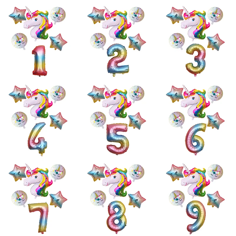 6 шт./лот Розовый Фиолетовый Радужный Единорог шар шары цифры украшения для дня