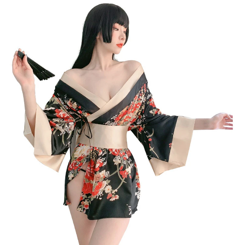Sexy Nightgown V-Neck Print Pajamas Cosplay Uniform Japanese Kimono Suit Skirt Women Cardigan Geisha Robe Vintage Clothes | Женская
