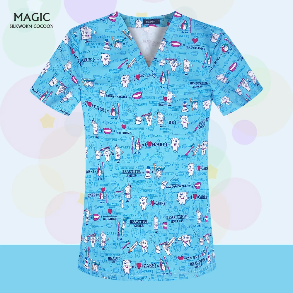 

100%Cotton V-neck Printing Dental Clinic Work Top Chlorine Bleach Operating Room Scrubs Overalls Tooth Hospital Surgical Uniform