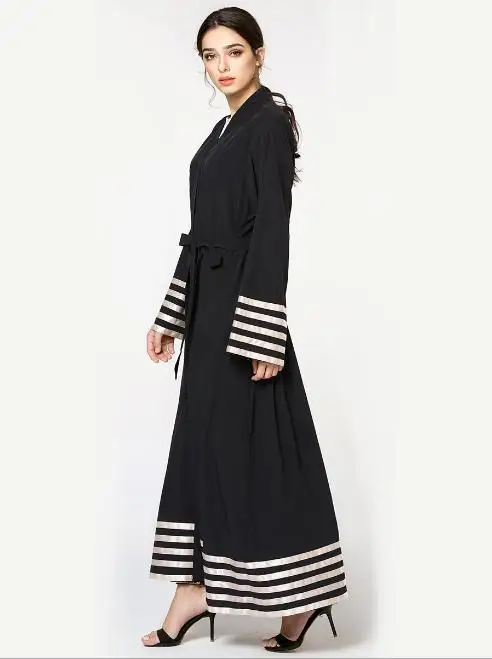 

Muslim Striped Maxi Dress Open Abaya Cardigan Long Robe Gowns Tunic Worship Service Musulmane Dubai Middle East Islamic Clothing