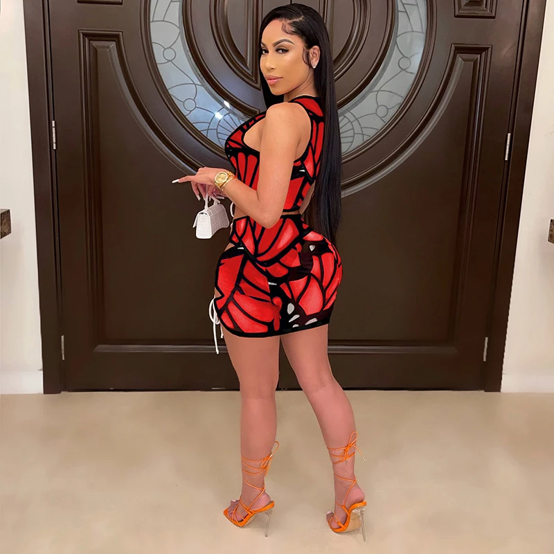 

Beyprern New Chic Butterfly Print Laced Skirt Set Two-Piece Outfits Womens Sleeveless Tied Crop Top And Bandage Suits Club Wears