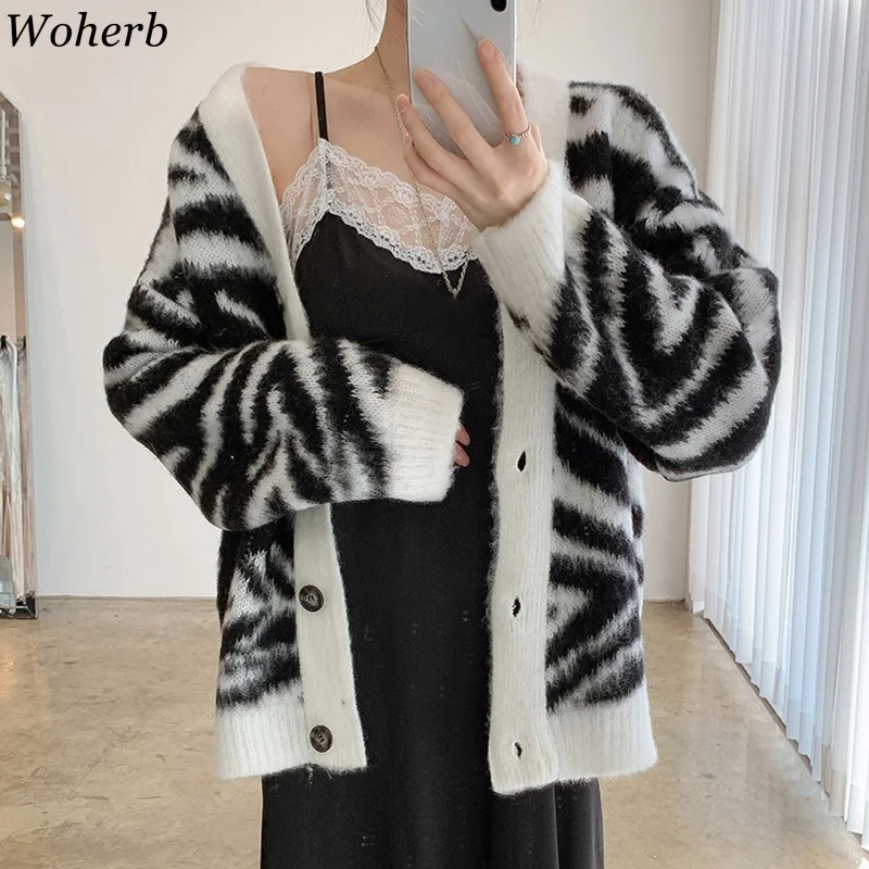 Woherb плотный свитер кардиган женская мода Повседневный с V-образным вырезом