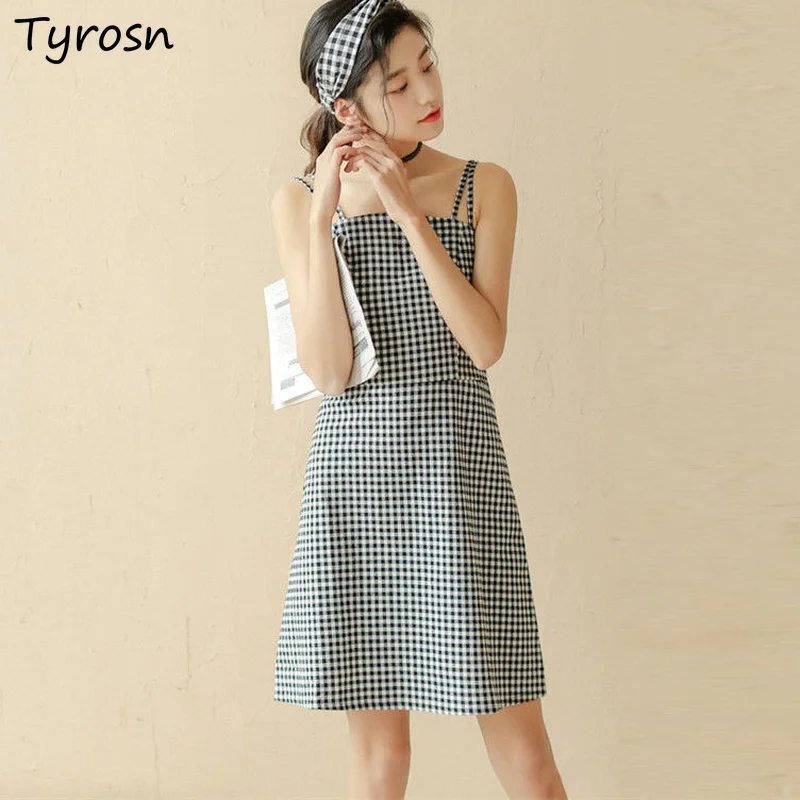 

Mini Dresses Women Straps Plaid Elegant Lady Design All-match Korean Style Streetwear Retro Aesthetic Trendy Femme Sweet Tender