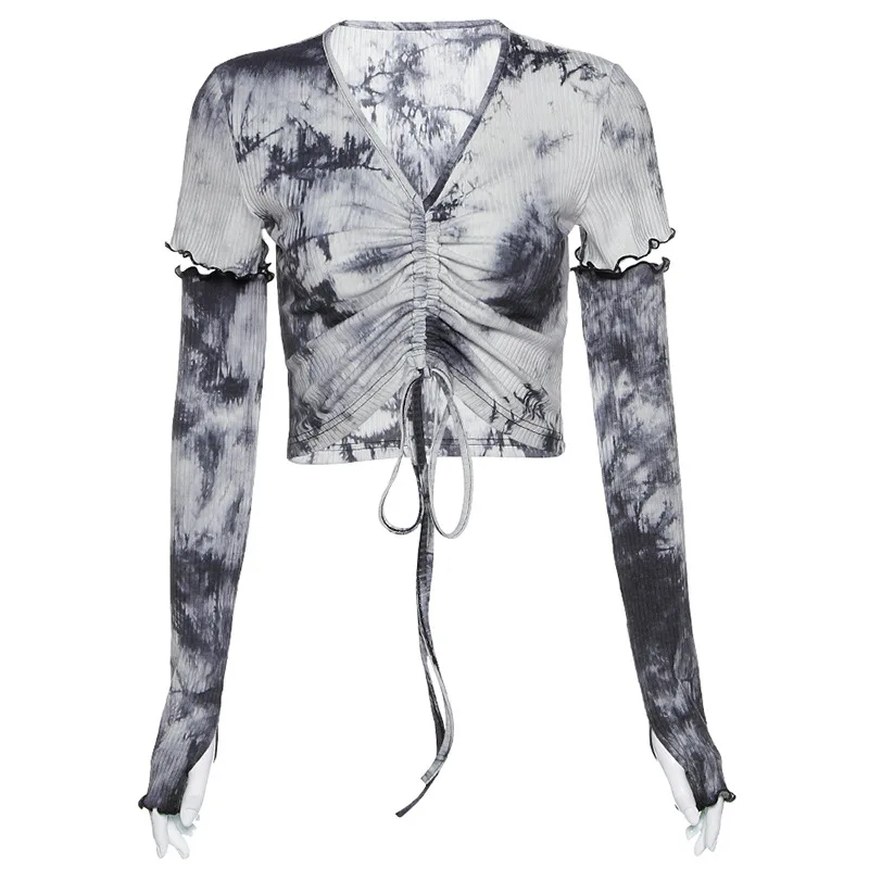 

Women New Y2k Black Tie Dye Crop Tops Gothic Harajuku Bodycon Bandage Ruched Tops Streetwear Sexy V Neck Basic T Shirt Autumn