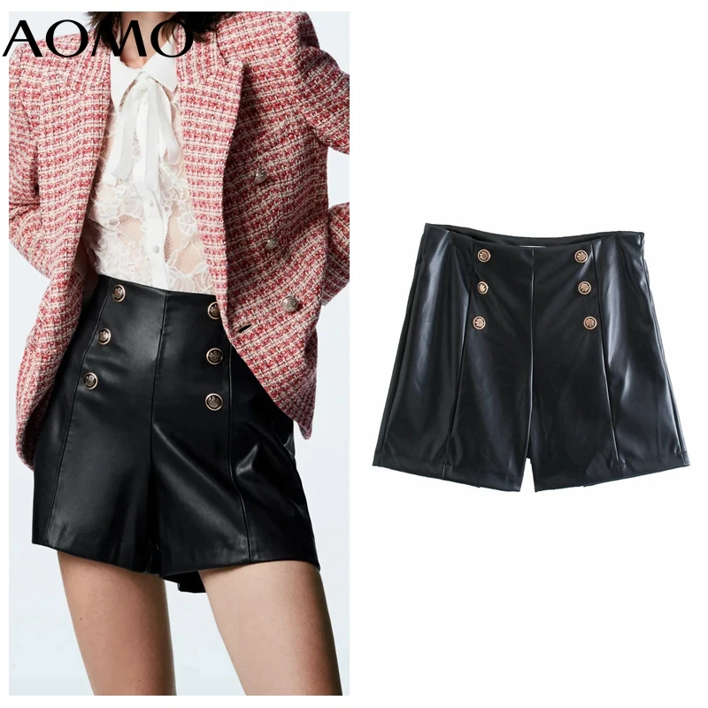 

AOMO Women Elegant Black Faux Leather Shorts Buttons Zipper Pockets Female Retro Basic Casual Shorts Pantalones JE224A