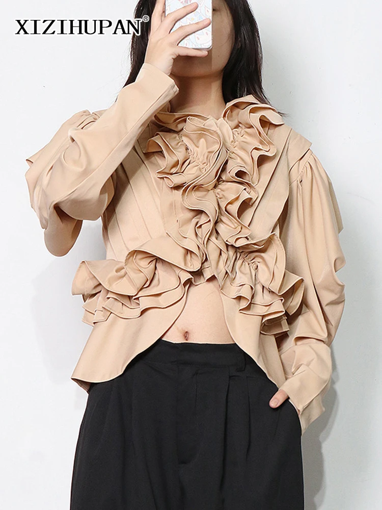 

XIZIHUPAN Casual Fold Pleated Shirt For Women Stand Collar Long Sleeve Irregular Hem Loose Women's Blouse 2022 Spring Clothing
