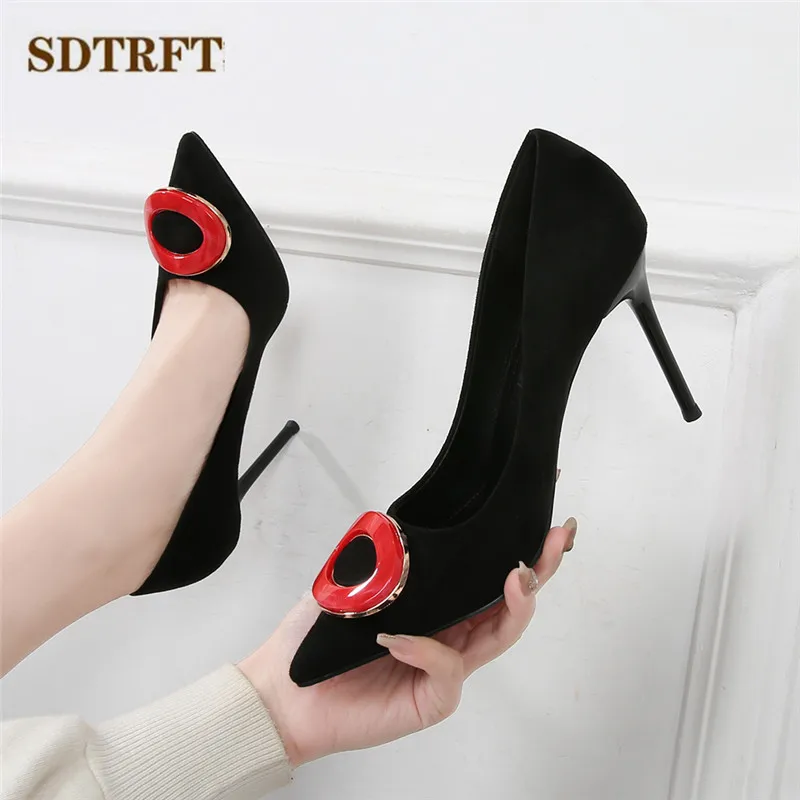 

SDTRFT Shallow mouth Women Shoes Pointed Toe Non-slip Diamond Buckle Pumps 10cm Thin High Heel Cozy Work Stiletto Zapatos Mujer