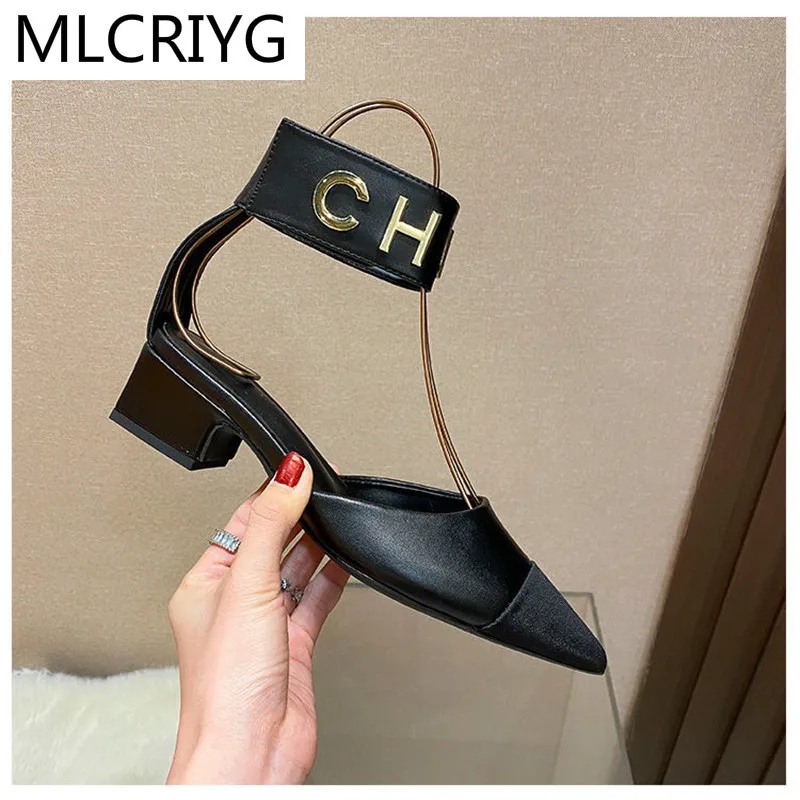 

2021 Summer Fashion Sandals Female Pointed Velcro Women's Sandals Fashionable Color Matching Shoes Sexy Square Heel High Heels