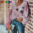 Женская блузка с принтом, длинным рукавом и V-образным вырезом