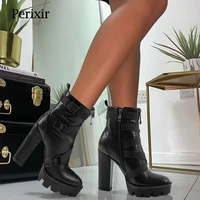 perixir autumn goth ankle boots for women buckle strap 12cm high heels platform boots round toe zipper lady shoes size 36 43