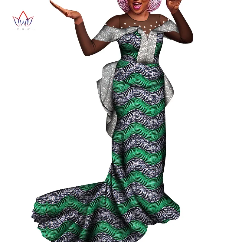 Bintarealwax Wedding Party Dashiki Floor Length Elegant Lady Clothing New Trend 2021 Peals Female African ClothingWY8534