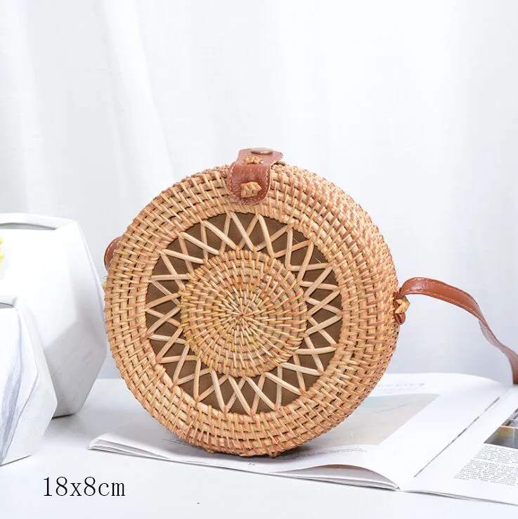 Tan C 18X8cm Солнечный пляж, ручные тканые сумки, круглая сумка с пряжкой, Ротанговые соломенные сумки, ранец, богемная пляжная круглая сумка - Цвет: Tan C 18X8cm