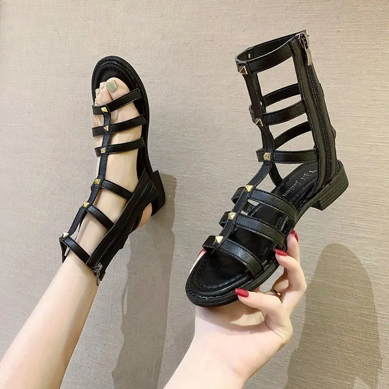 

2021 New Women's Shoes Gladiator Summer Beach Roman Style Sandals Low Heel Zipper Black Open Toe Sandals Zapatillas Mujer