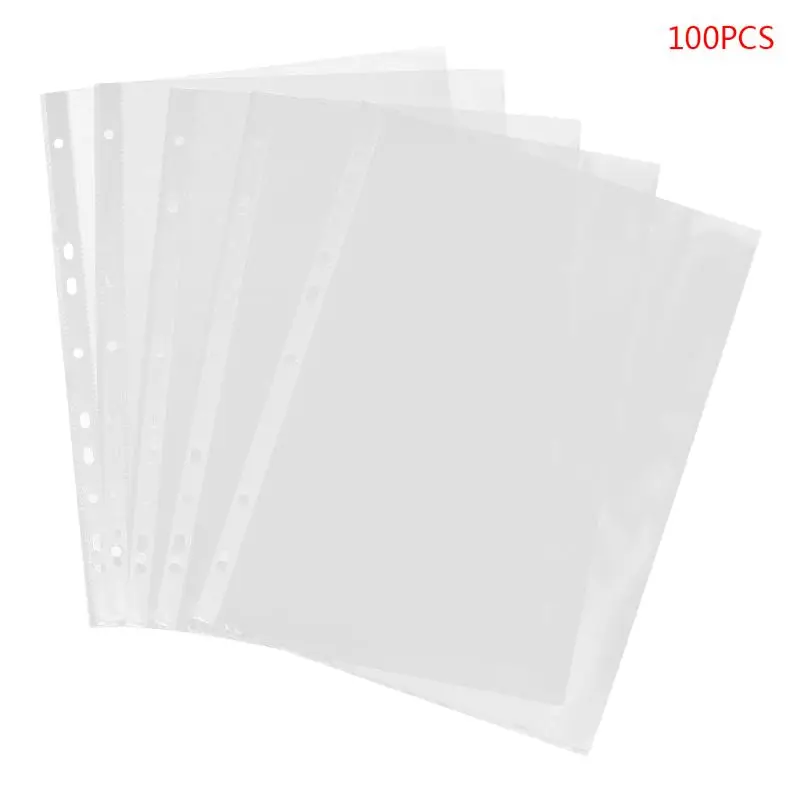 

100pcs A4 Transparent Perforated File Storage Document Folder Case Bag Sleeves XXUC