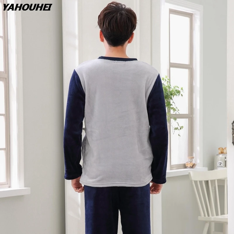 2019 зимняя плотная теплая Фланелевая пижама с рисунком для мужчин Коралловая