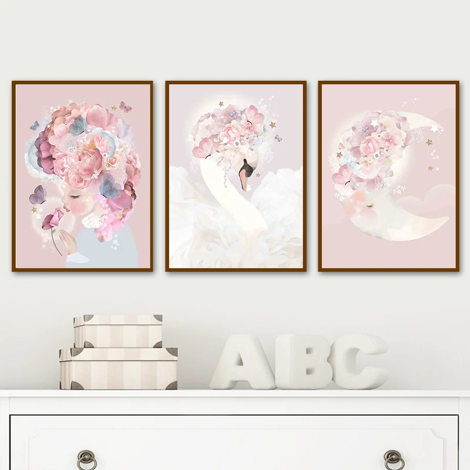 Настенная картина розовая Луна лиса лошадь Лебедь бабочка девушка цветок