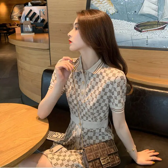 

polo dress 2021 summer new female French retro casual waist knitted temperament skirt