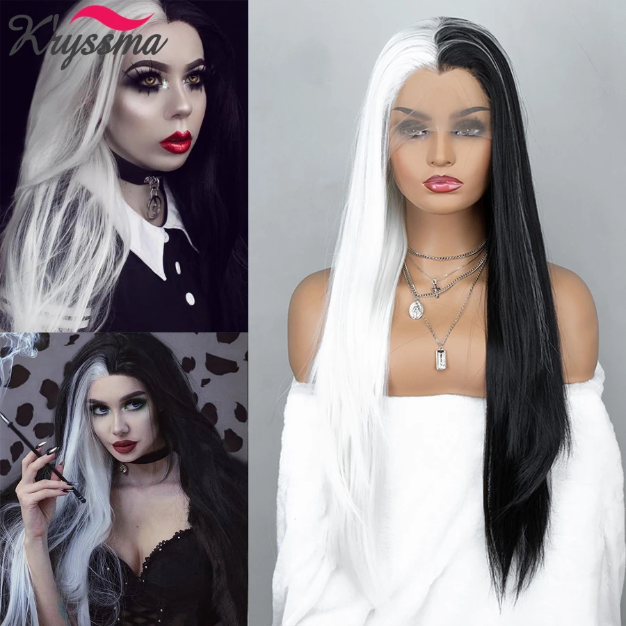 Kryssma Half Black And Half White Synthetic Lace Front Wigs Long Straight Wigs Blue Green Pink Cosplay Hair Wigs For Women