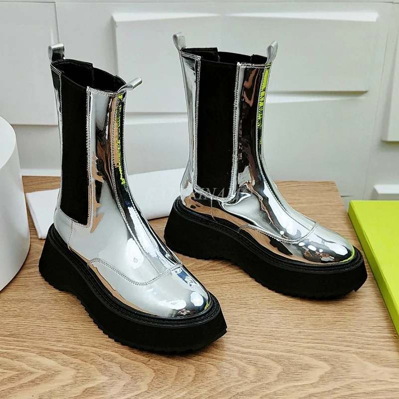 

Женские ботинки челси из натуральной лакированной кожи, стильные эластичные повседневные короткие ботинки на платформе, без застежки, сере...