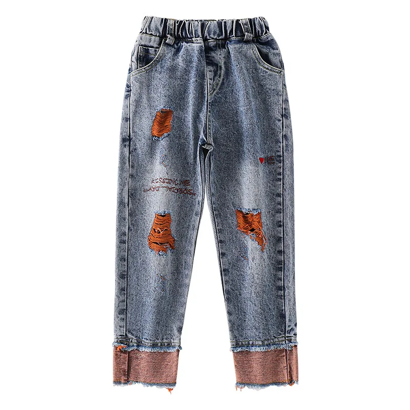 

Female TongChunQiu jeans trousers of the new 2021 brim loose hole spring children pants a momentum