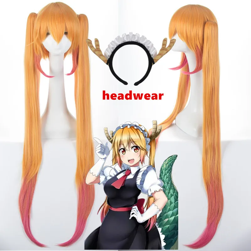 

Kobayashi-san Chi No Maid Dragon Tohru Wigs Cosplay Peluca Yellow Gradient Pink Long Hair Double Ponytail 100cm cosplay props