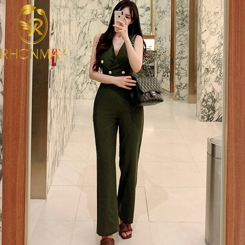 

Summer New V-neck Jumpsuits Women Casual Occupation Rompers Simple Sleeveless Wear To Work Bottoming Siamese Pants