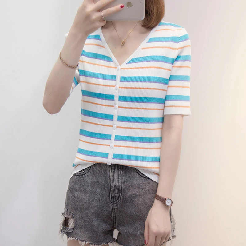 

Nkandby Plus Size Women Summer Ice Silk T-shirt Fashion Skinny V-neck Short Sleeve T Shirt Colorful Striped Single Breasted Tops