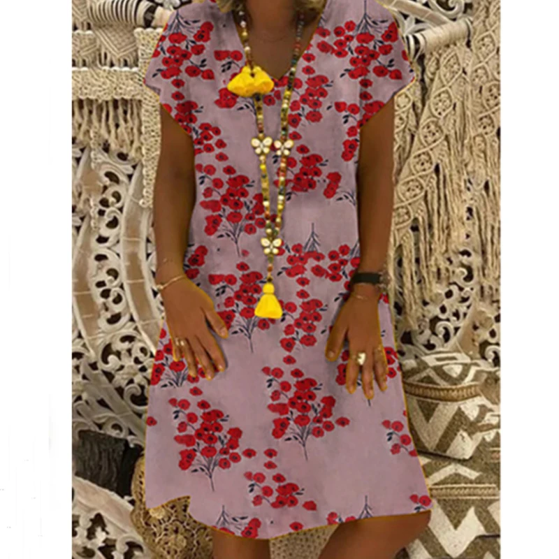 Женские с цветочным принтом V образным вырезом и короткими рукавами платье на