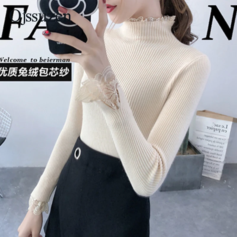 Knitted Women Sweater Female Pullovers Winter Basic Ladies Sweaters Lace Patchwork Neck Slim Black Yellow Pullover Clothing | Женская