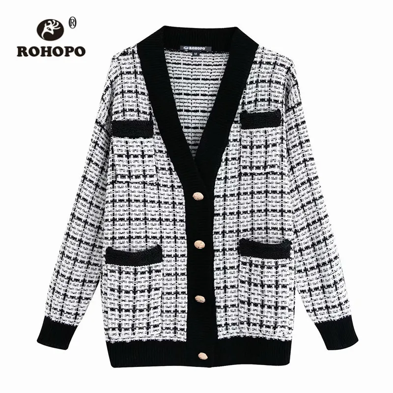 ROHOPO V Collar Long Sleeve Gold Buttons Fly Tweed Sweater Plaid Tops and side Welted Pockets Cardigan Knitted Outwear #9667 |