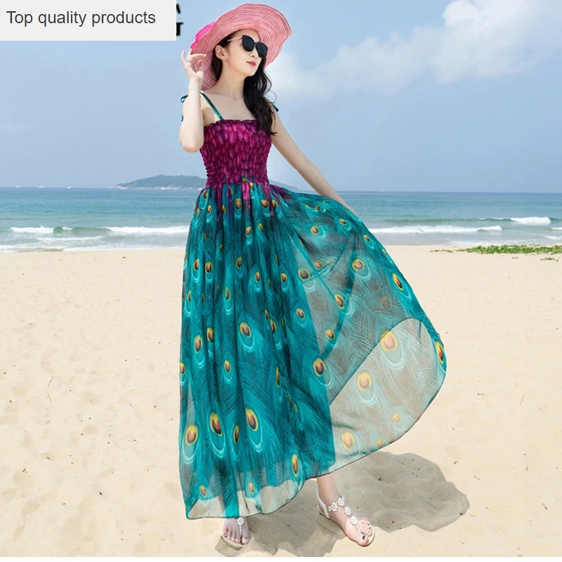 Женское пляжное платье макси в стиле бохо повседневные топы с принтом павлина