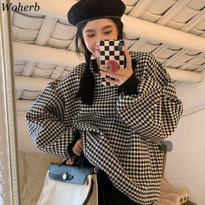 Женские клетчатые толстовки Woherb пуловеры осенняя кавайная одежда шикарная