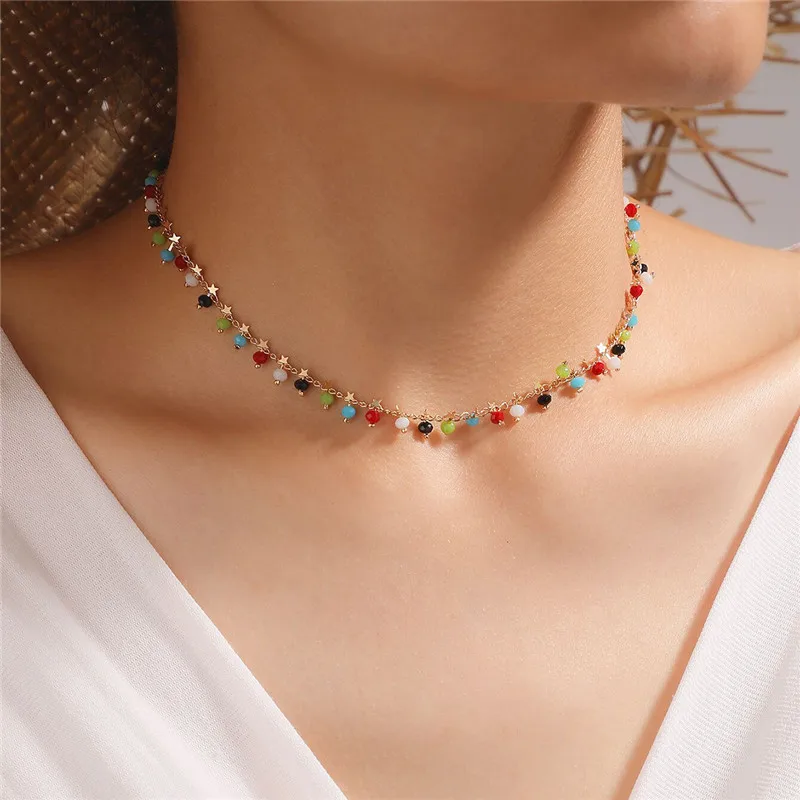 

HuaTang Boho Colorful Crystal Bead Pendant Necklace for Women Gold Star Charming Clavicle Chain Choker Lady Ethnic Party Jewelry