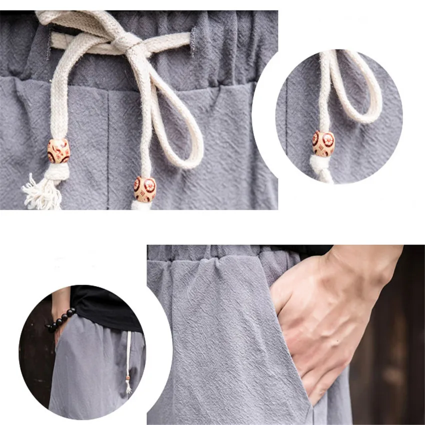 

Men's Summer Linen Cropped Cross Pants Fashion Wide-Legged Baggy Casual Loose Big Pocket Pants Drawstring Trousers.