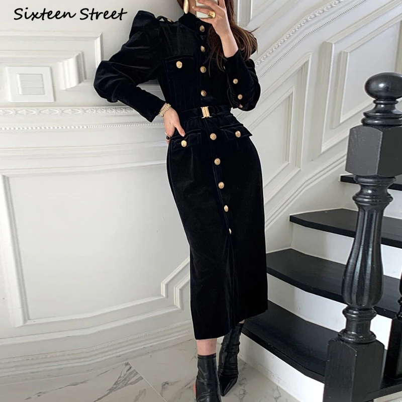 autumn winter golden button black dress for women chic vintage vestido maxi dresses ladies office business korean clothing free global shipping