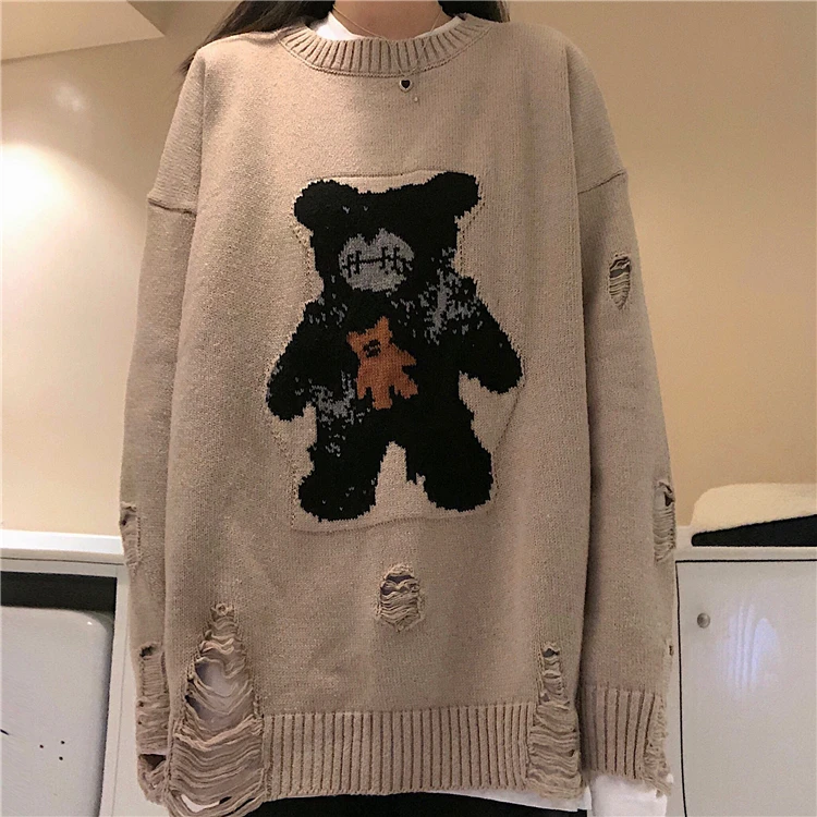 

Qiu dong ins harajuku hole bigger sizes fat bear sweaters MM200 sets jin round collar loose sweaters for men and women