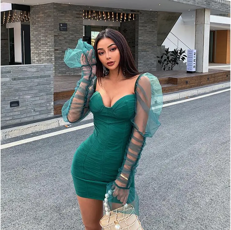 Соблазнительное клубвечерние нее платье с пышными рукавами элегантное Сетчатое