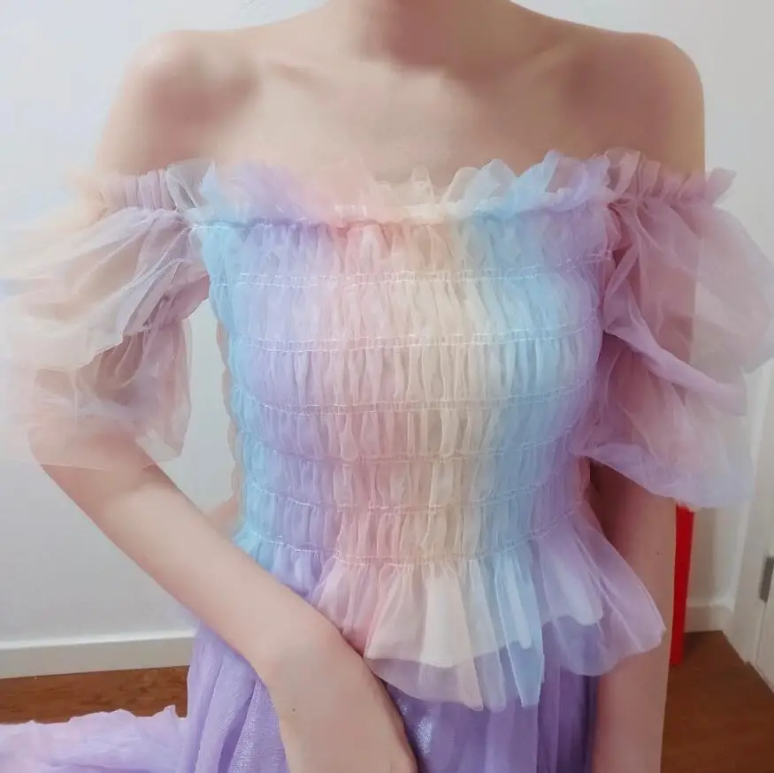 

Summer Sweet Slash Neck Puff Sleeve Mesh Pleated Slim Crop Shirt For Women 2021 Rainbow Color Sqare Neck Crop Tops Shirt