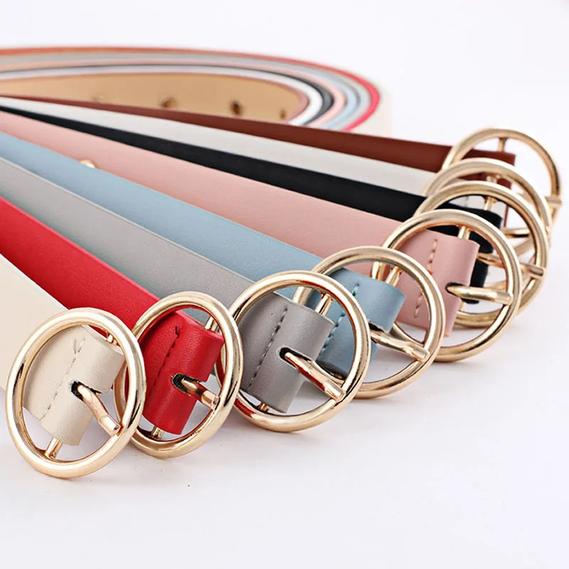 

Fashion New Ladies Round Gold Metal Buckle Belt Female Punk Leather Waist Band Strap Belts for Women Pants Jeans Wholesale