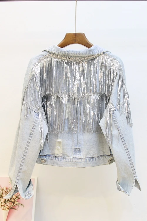 2019 Осенняя новая джинсовая куртка с блестками и кисточками Женская свободная