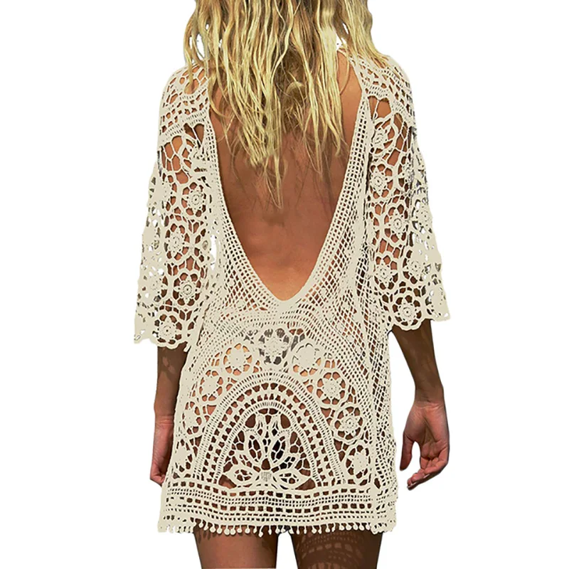 

Sexy Womens Bathing Suit Cover Up Crochet Bikini Bathing Suit Swimsuit Hollow Out Knitting Swimwear Mesh Beach Dress Tunic