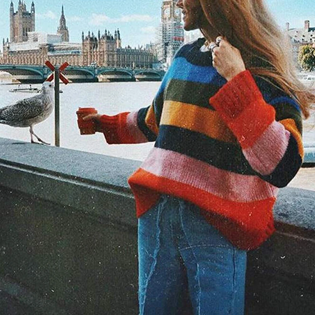 Loose Pullover Women Sweater Spring Party Comfortable Rainbow Striped Winter Soft Charming Long Sleeves Autumn Casual Turtleneck | Женская