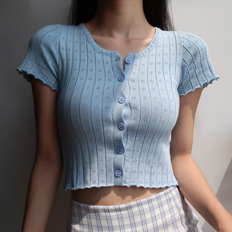 

Women O Neck Button Through Crop Top with Lettuce Trim